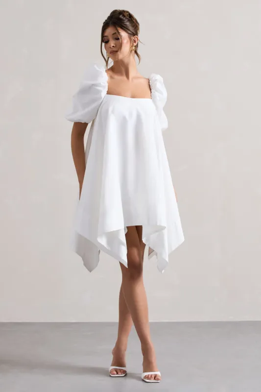 Raindrop | White Poplin Puff-Sleeve Draped Mini Dress sold by Club L London