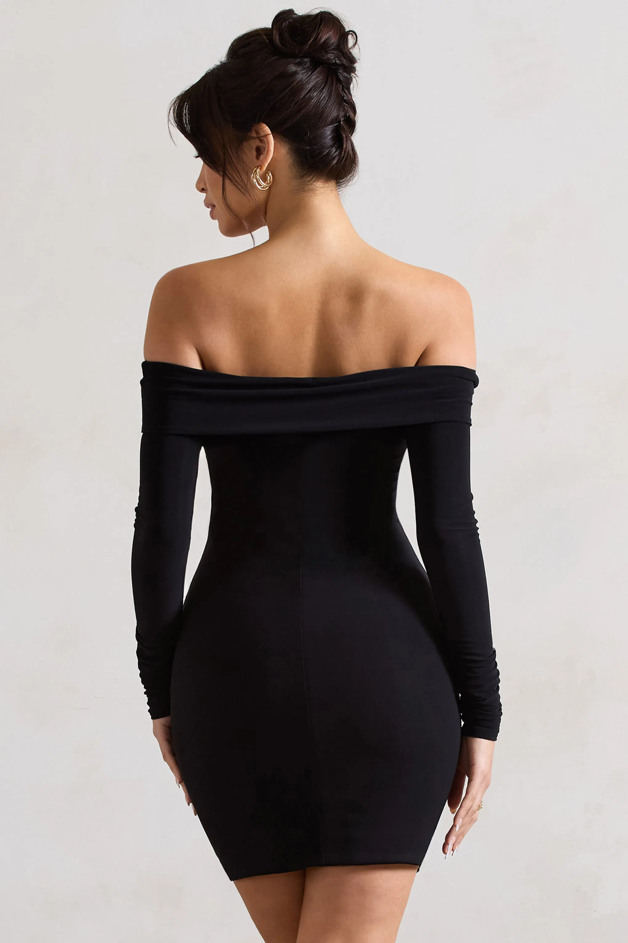 Leola | Black Ruched Bodycon Bardot Long Sleeve Mini Dress sold by Club L London product image thumbnail 2