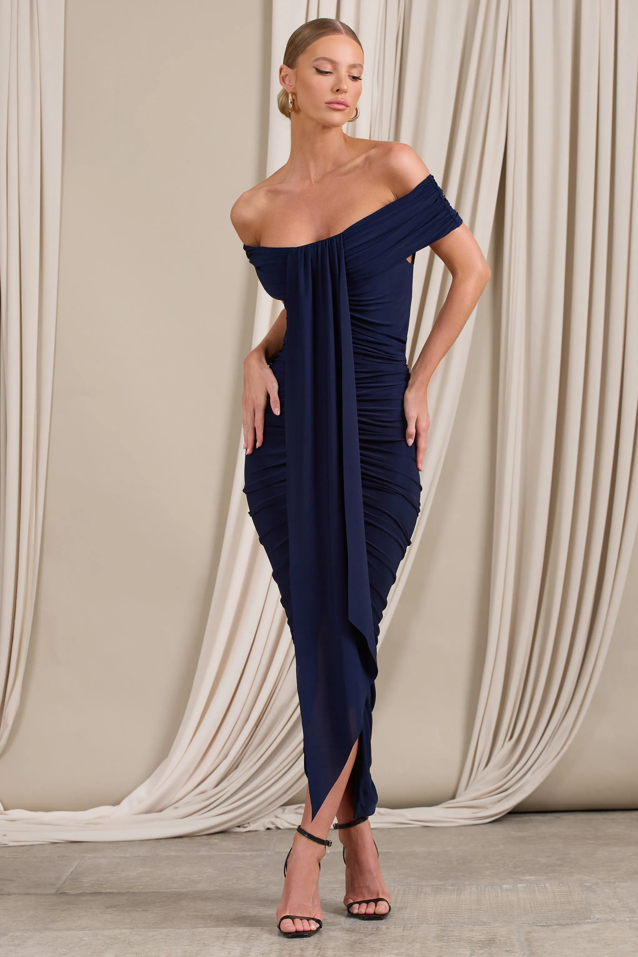Camrin | Navy Ruched Bardot Maxi Dress With Train Detail sold by Club L London product image thumbnail 4