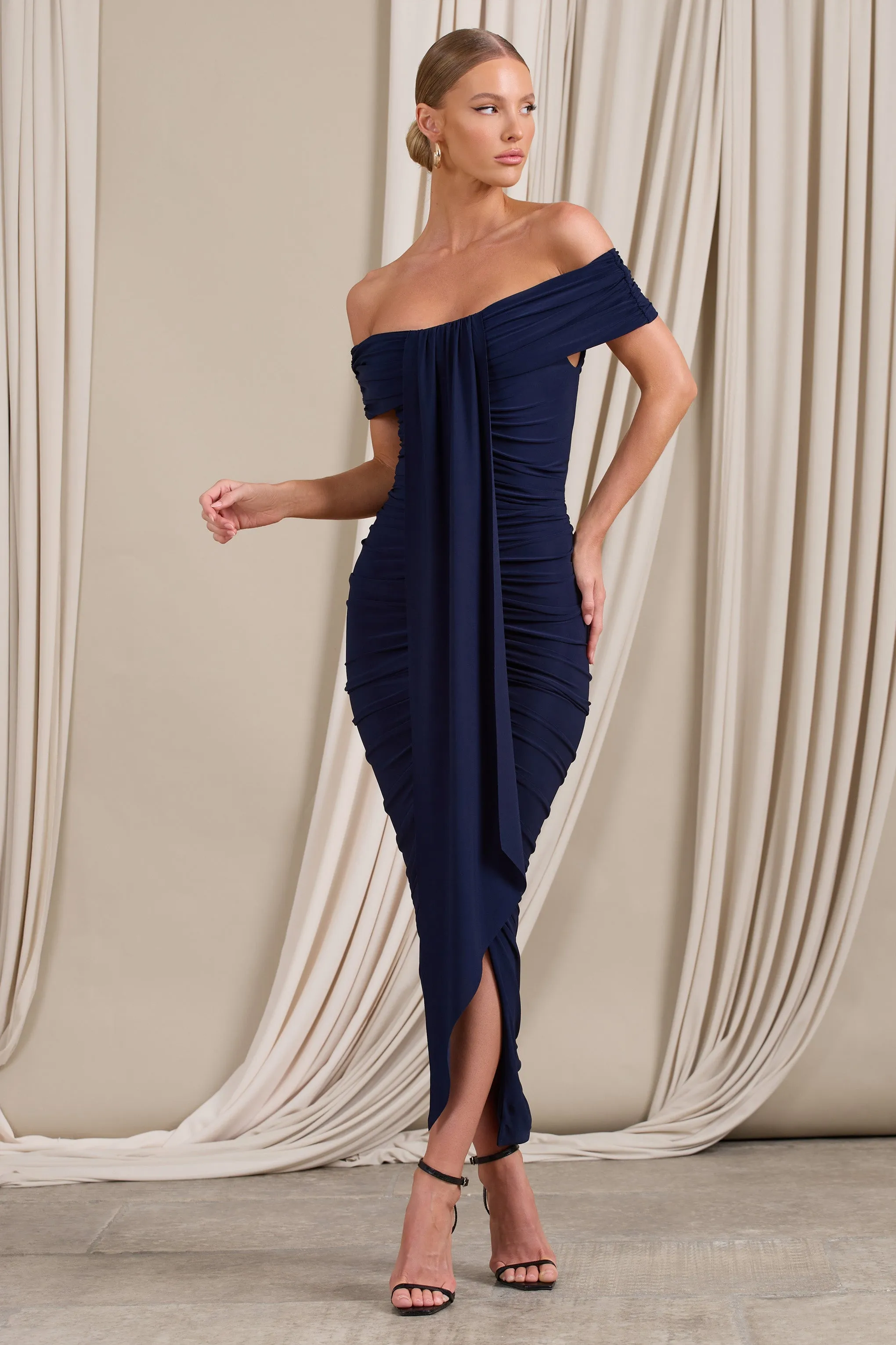 Camrin | Navy Ruched Bardot Maxi Dress With Train Detail sold by Club L London