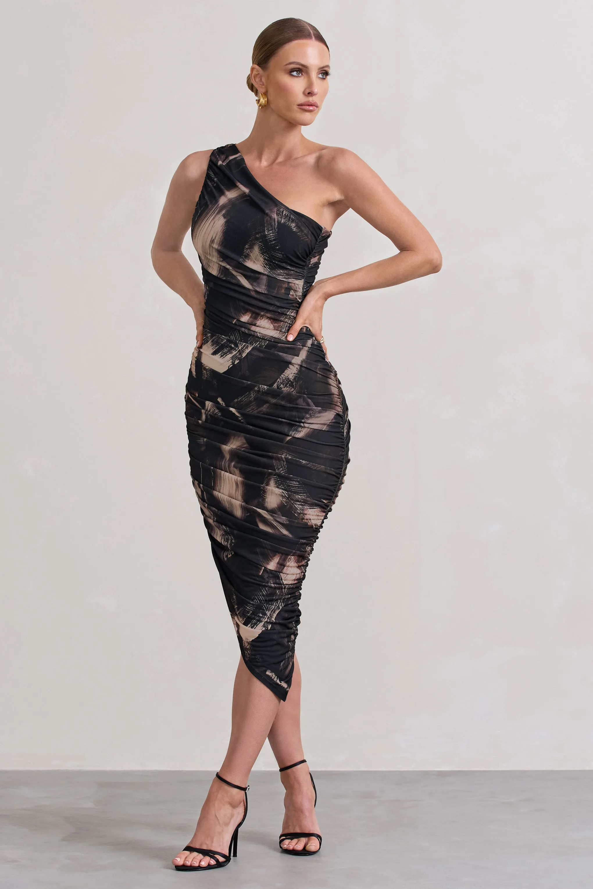 Dorit | Brown Print One Shoulder Asymmetric Ruched Midi Dress sold by Club L London product image thumbnail 4