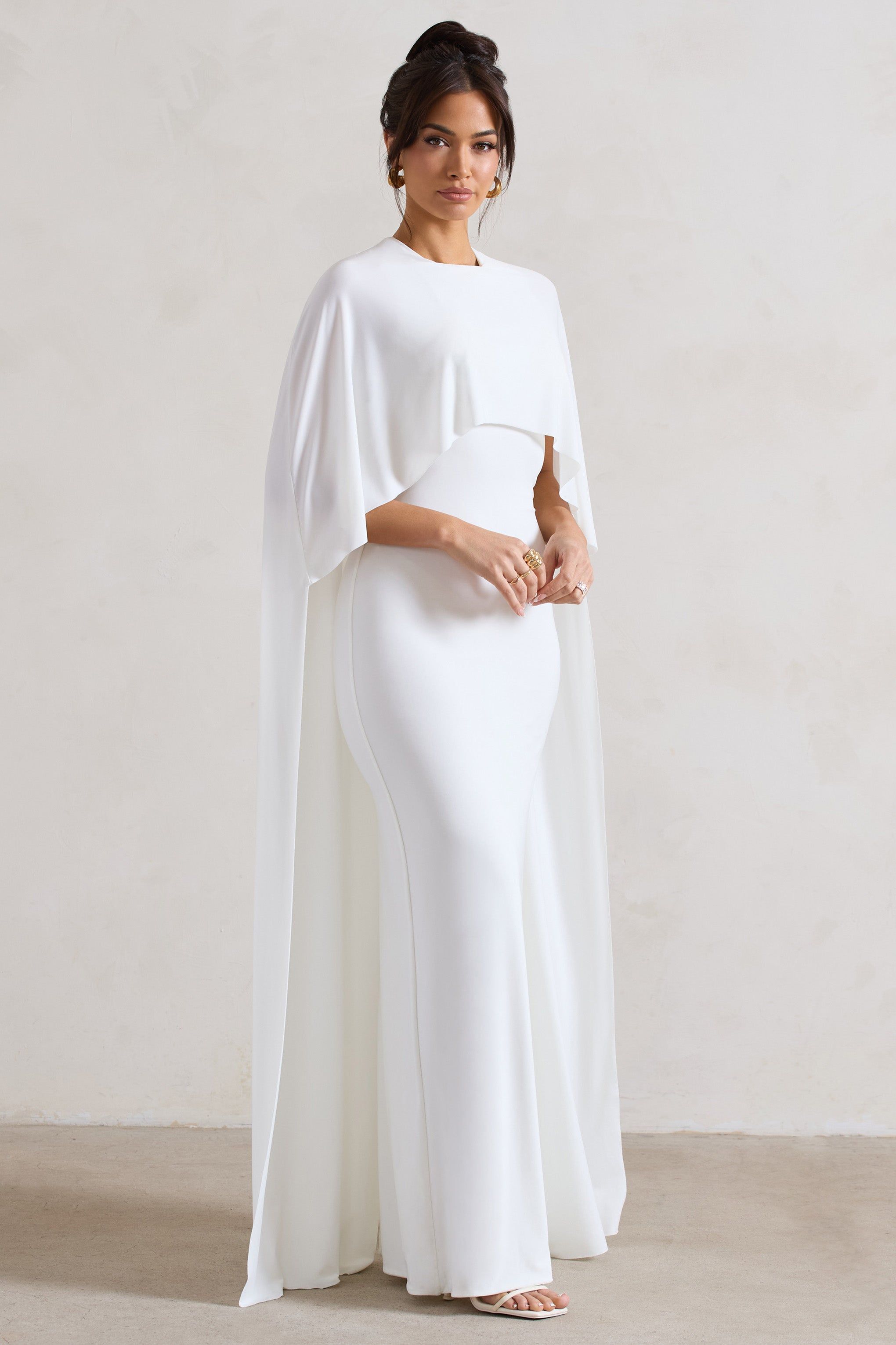 Padma | White Draped Bardot Maxi Dress With Cape Sleeves sold by Club L London product image thumbnail 5