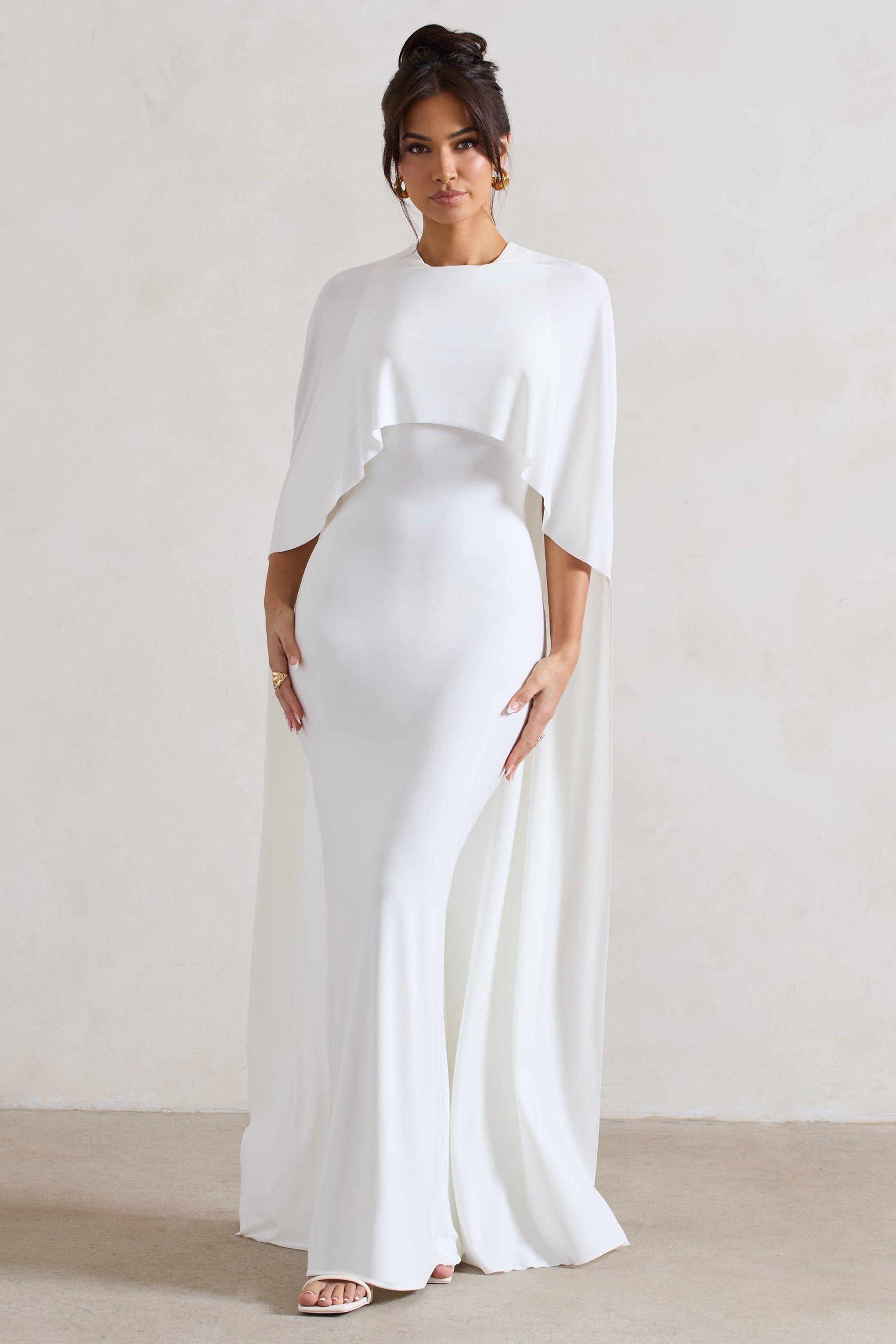 Padma | White Draped Bardot Maxi Dress With Cape Sleeves sold by Club L London