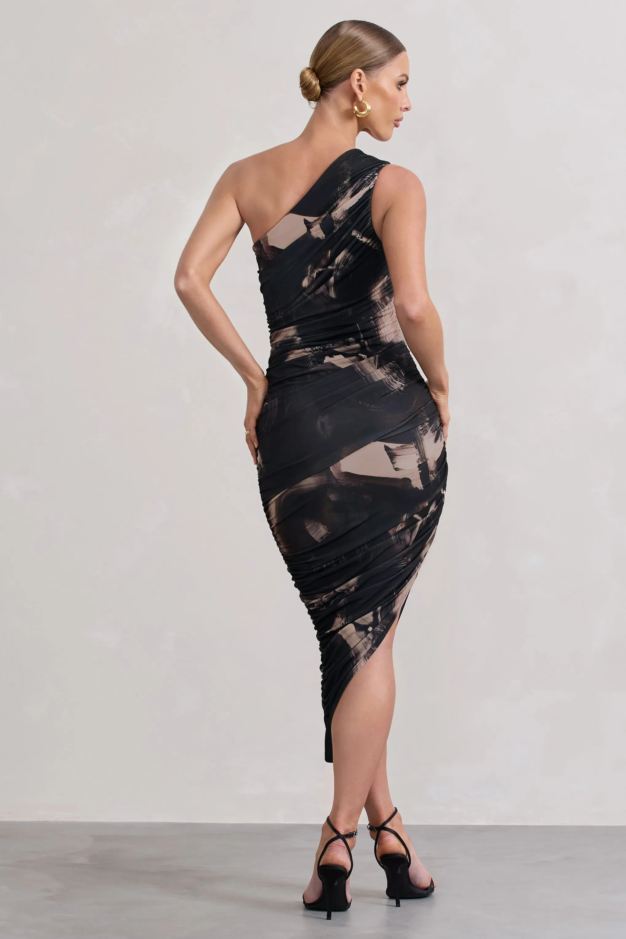 Dorit | Brown Print One Shoulder Asymmetric Ruched Midi Dress sold by Club L London product image thumbnail 2