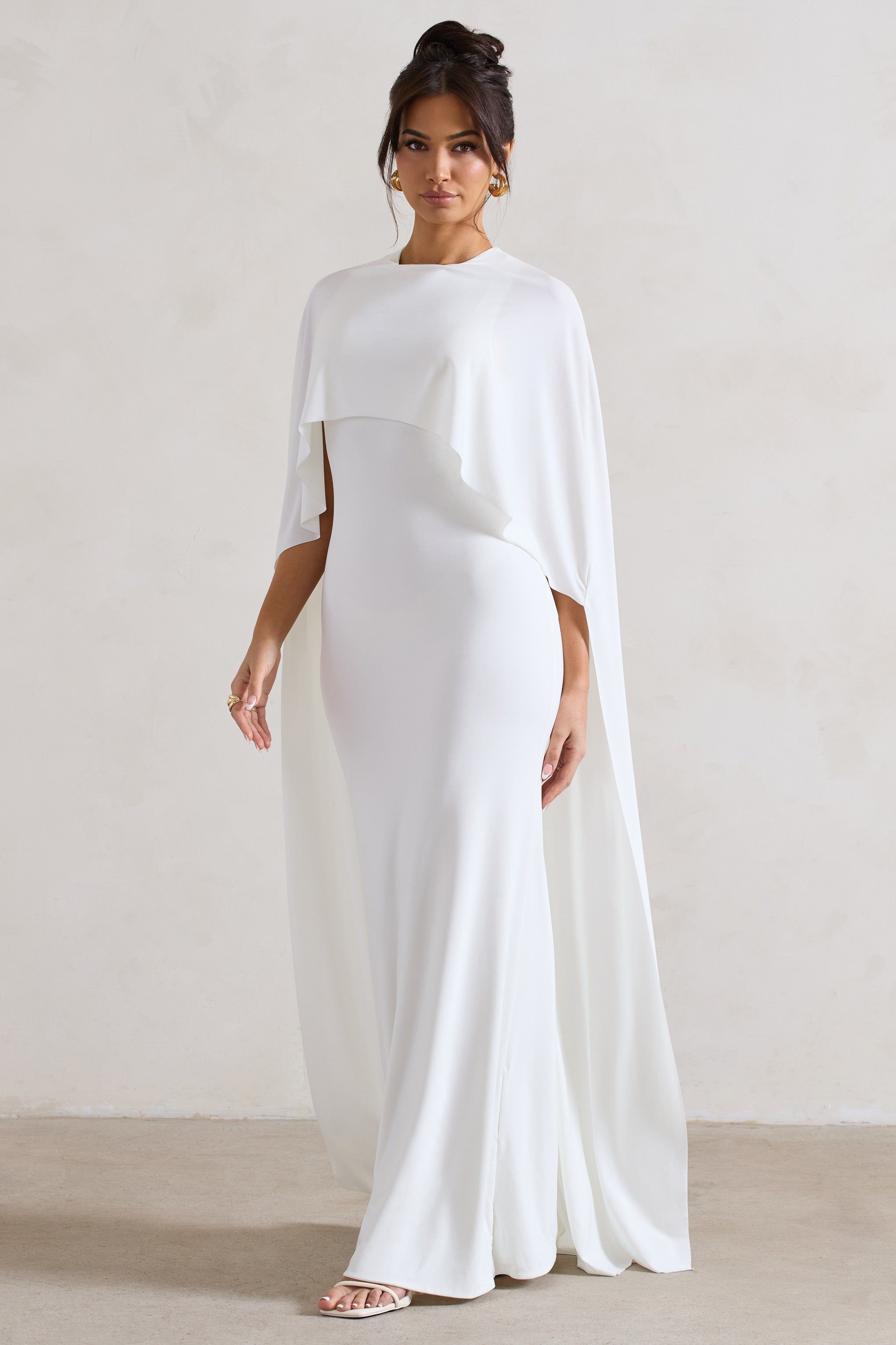 Padma | White Draped Bardot Maxi Dress With Cape Sleeves sold by Club L London product image thumbnail 4