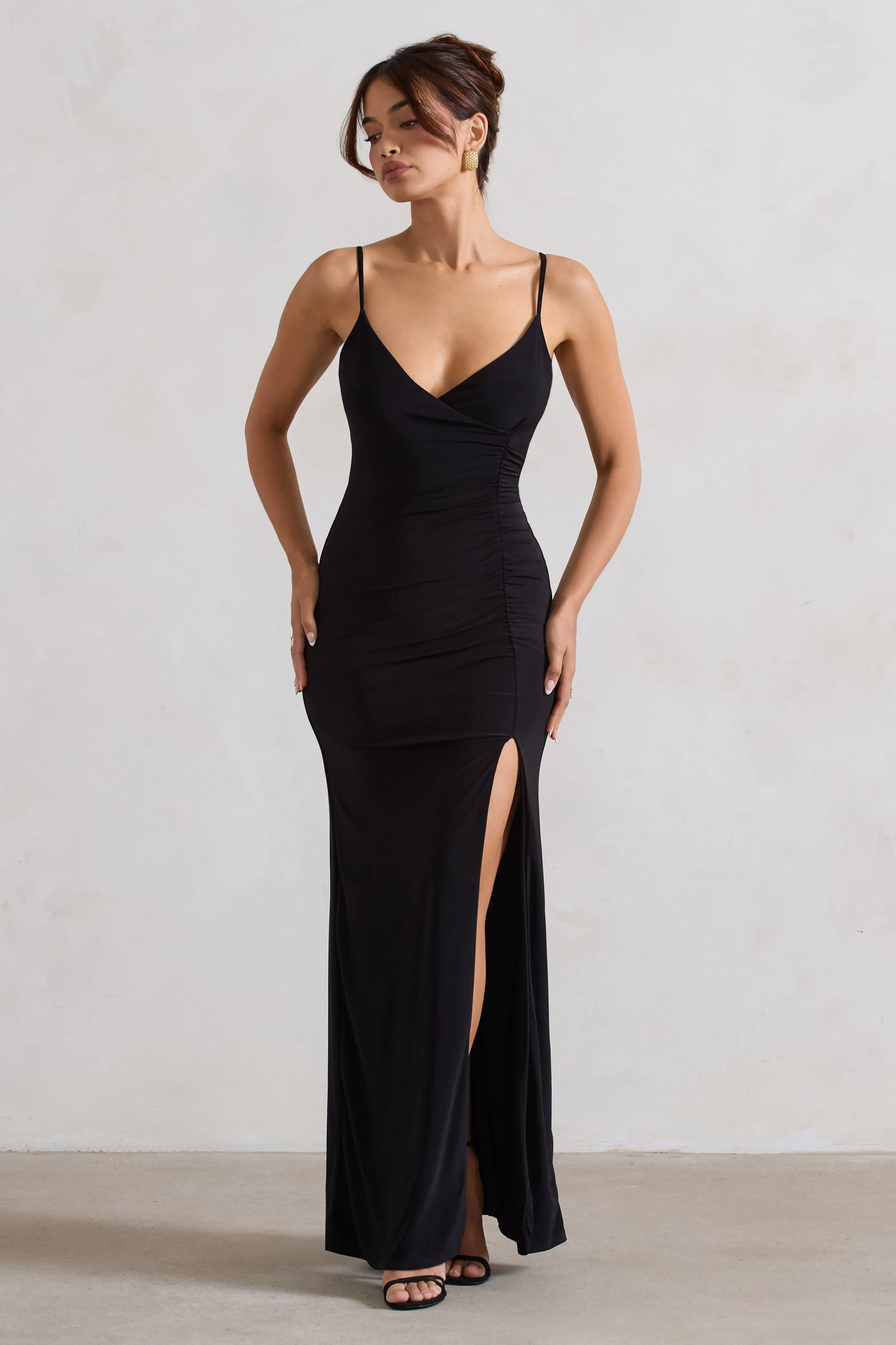 Jeanne | Black Plunge Ruched Cami Maxi Dress With Split sold by Club L London product image thumbnail 5