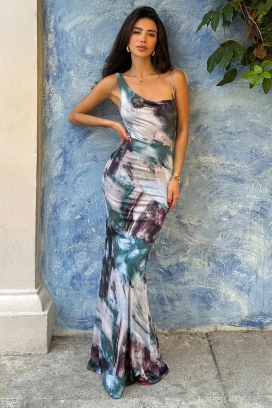 Phantasy | Multi Print Asymmetric Neckline Cowl Maxi Dress sold by Club L London
