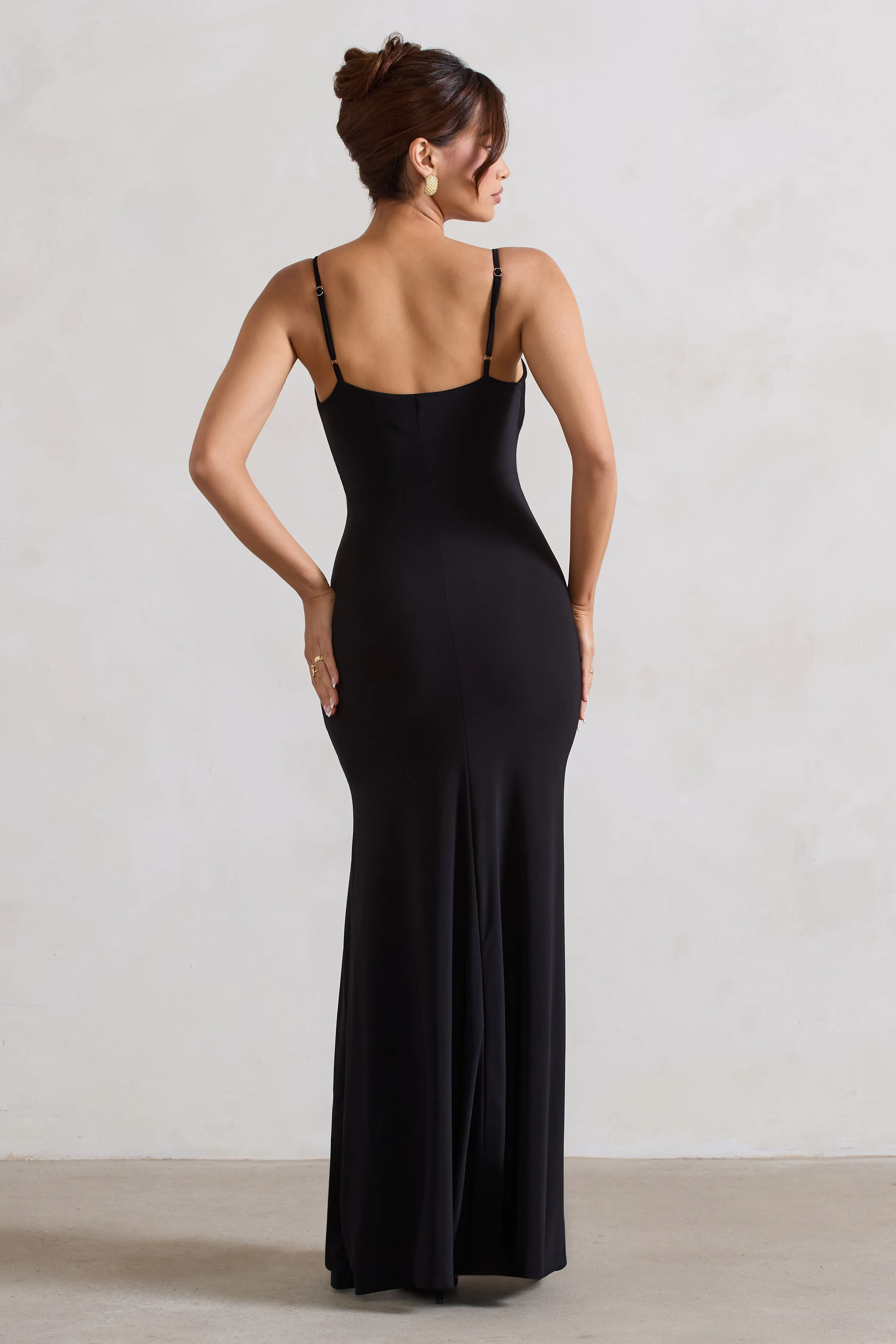 Jeanne | Black Plunge Ruched Cami Maxi Dress With Split sold by Club L London product image thumbnail 2