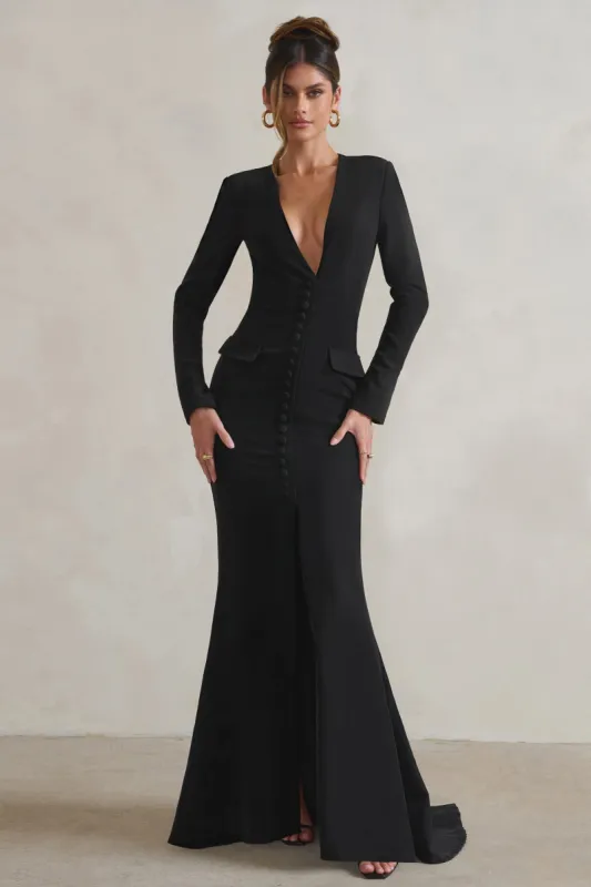 Reba | Black Plunge Long Sleeve Structured Maxi Dress with Front Split sold by Club L London