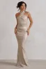 Unstoppable | Champagne Metallic Cross Over Halterneck Maxi Dress sold by Club L London