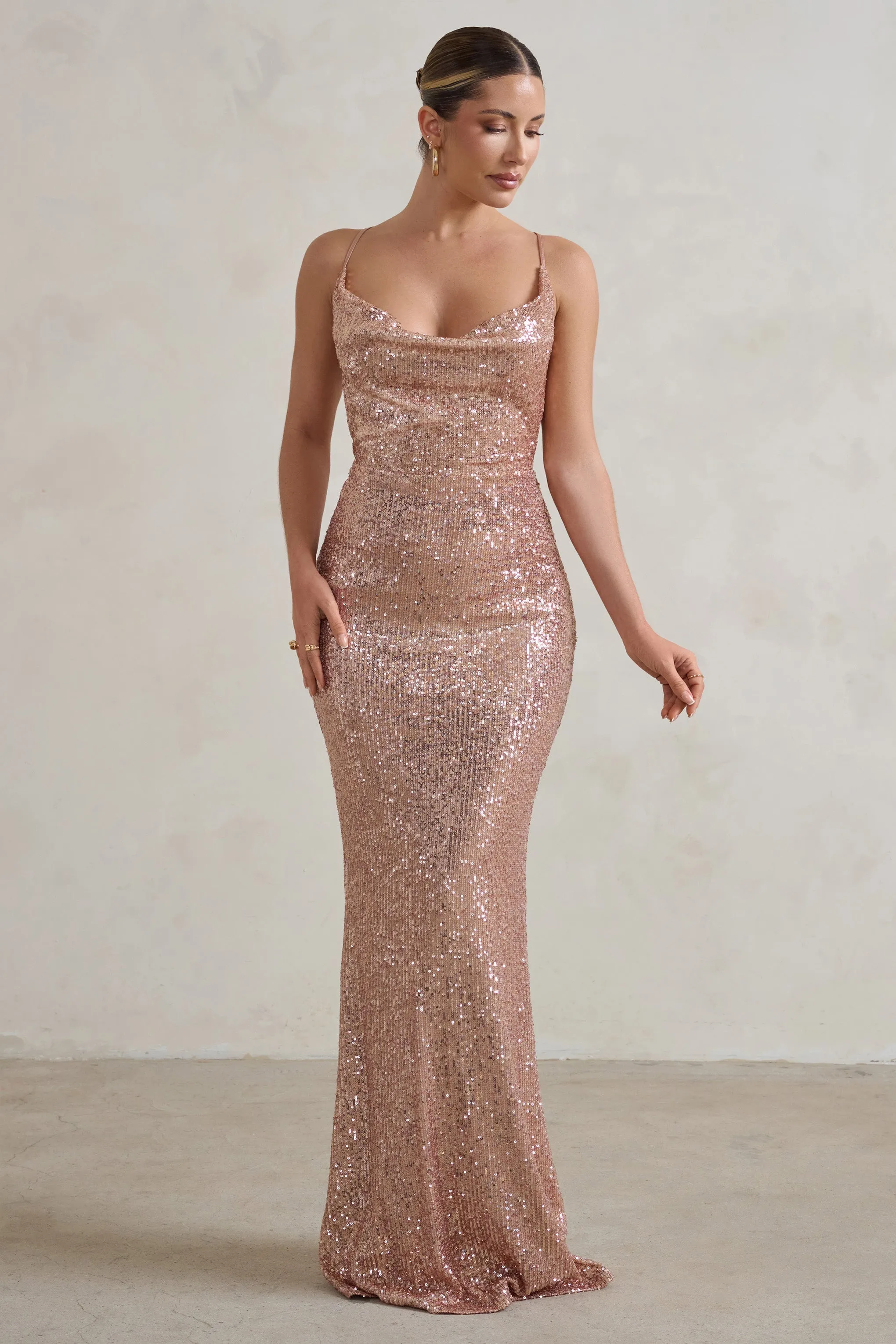 Seeing Stars | Champagne Cowl Cami Sequin Maxi Dress With Waist Tie sold by Club L London