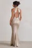 Unstoppable | Champagne Metallic Cross Over Halterneck Maxi Dress sold by Club L London