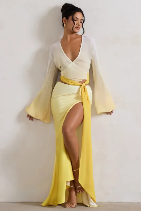 Serita | Yellow Ombre Satin Split Maxi Skirt sold by Club L London