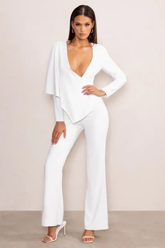 Erika | White Plunge Jumpsuit with One-Shoulder Cape Overlay sold by Club L London