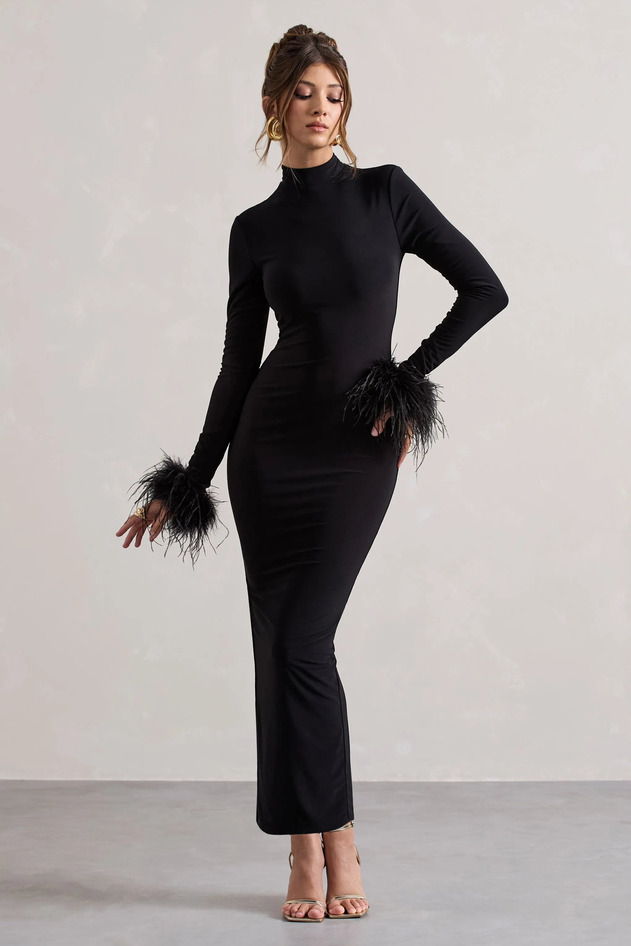 Khalia | Black High-Neck Feather-Cuff Maxi Dress sold by Club L London