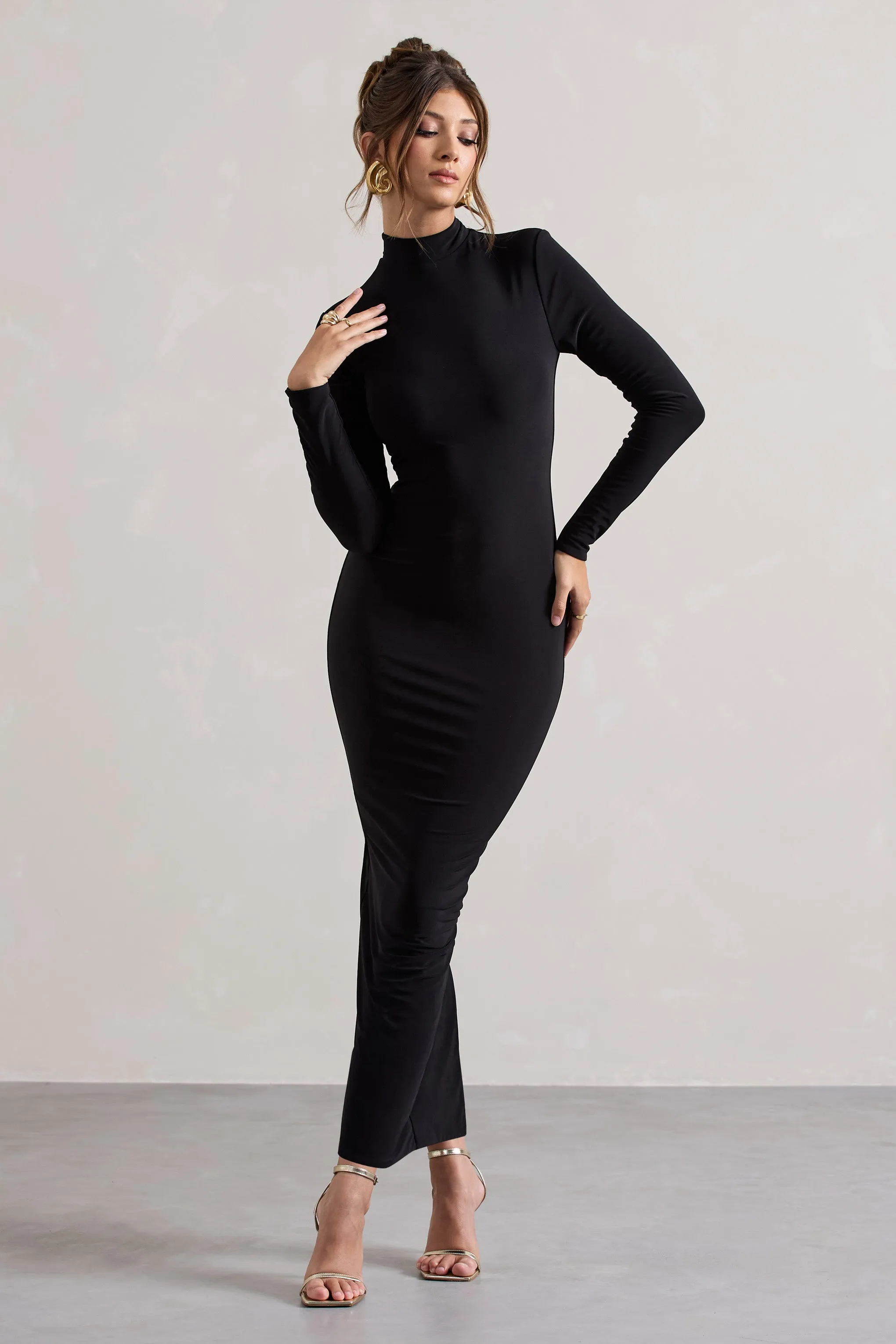 Khalia | Black High-Neck Feather-Cuff Maxi Dress sold by Club L London product image thumbnail 5