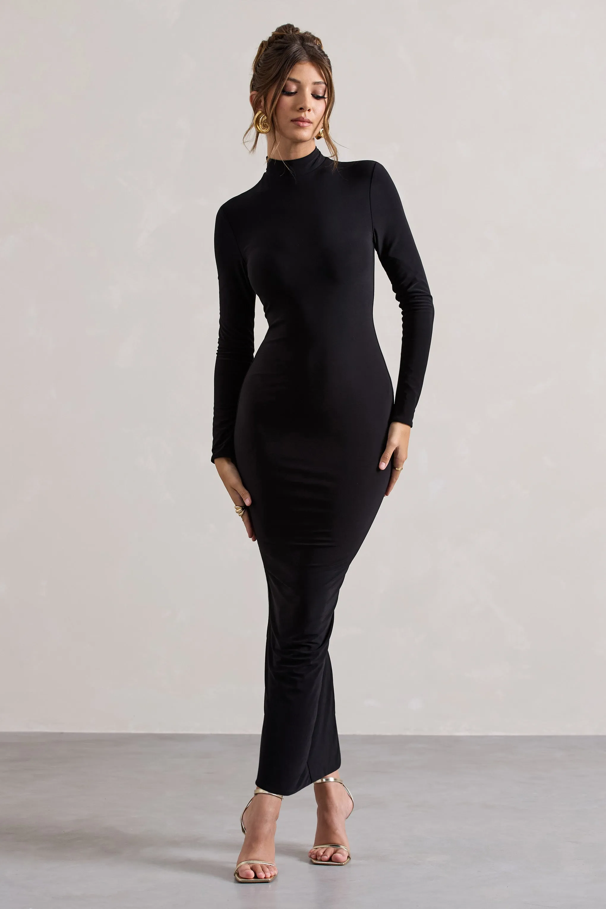 Khalia | Black High-Neck Feather-Cuff Maxi Dress sold by Club L London product image thumbnail 4