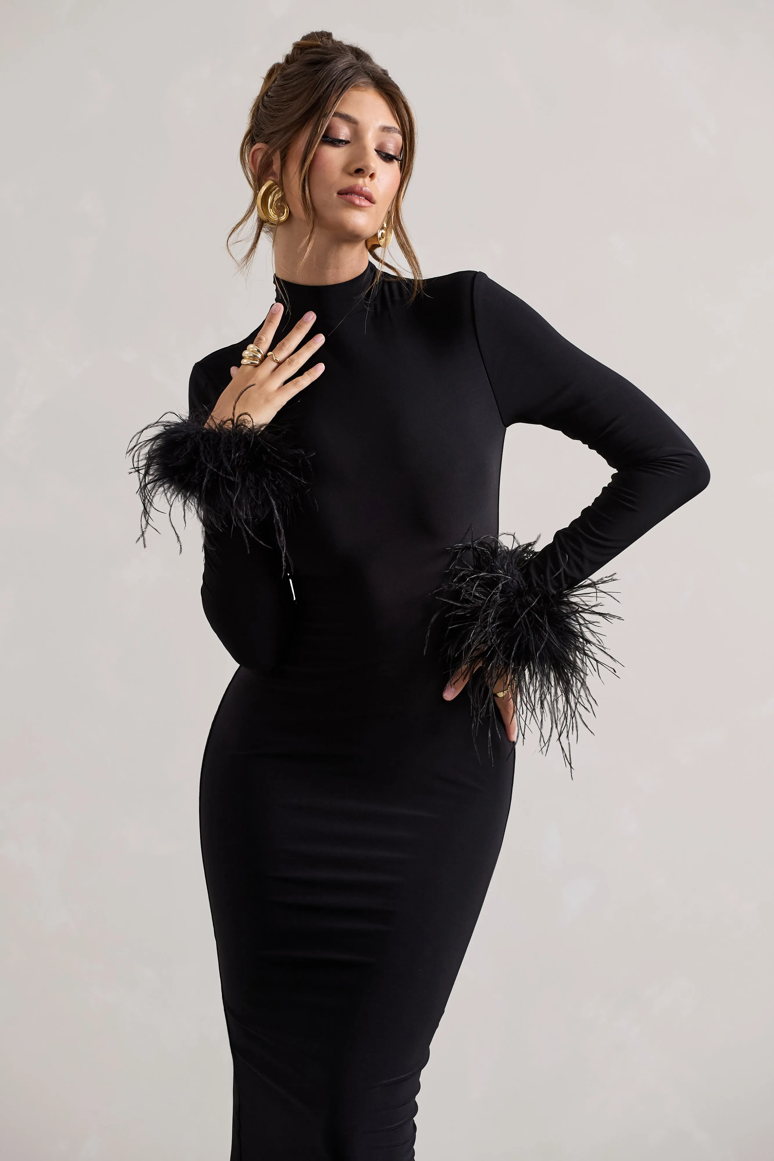 Khalia | Black High-Neck Feather-Cuff Maxi Dress sold by Club L London product image thumbnail 3