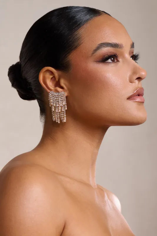 Leo | Gold Diamante Statamenet Tassel Earrings sold by Club L London