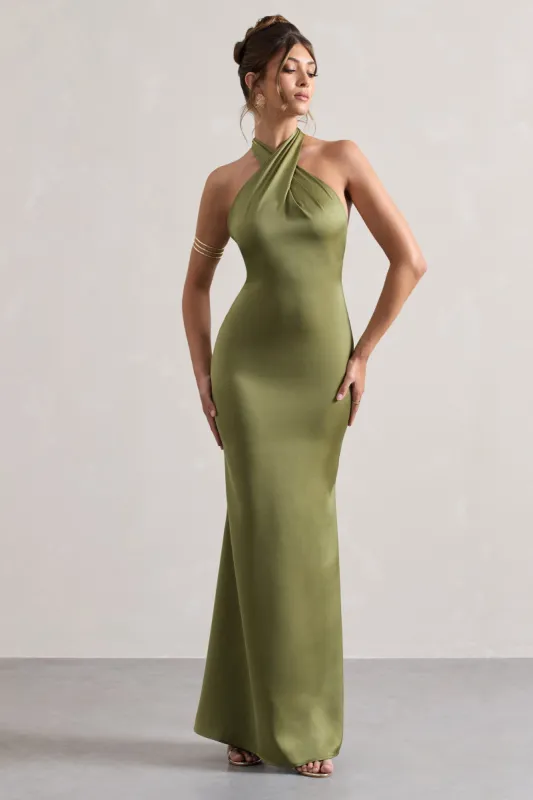 Unbeatable | Olive Satin Cross Over Halter-Neck Maxi Dress sold by Club L London