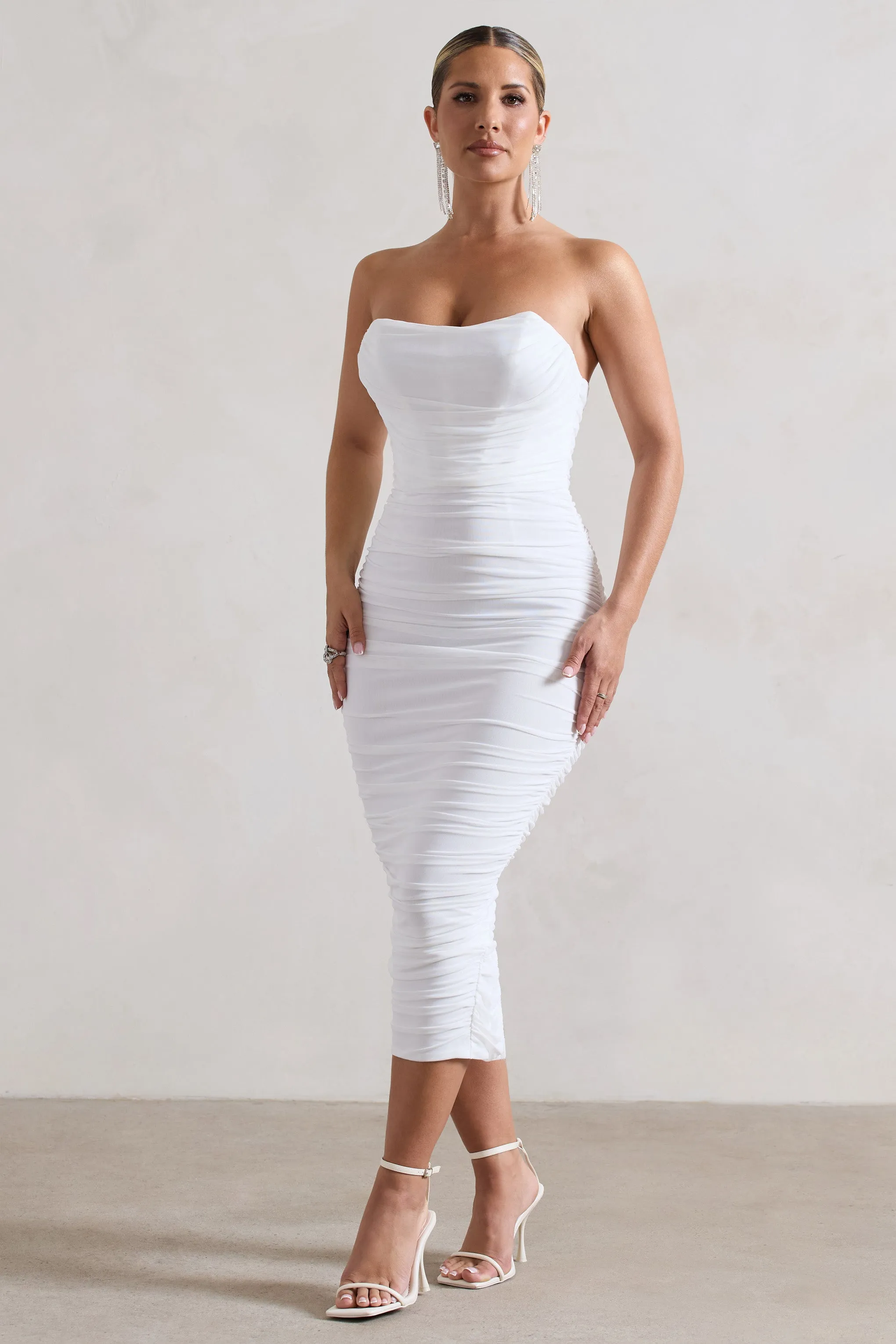 Nylah | White Ruched Corset Bodycon Midi Dress sold by Club L London product image thumbnail 5
