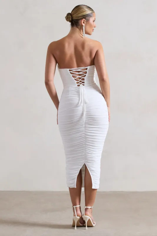 Nylah | White Ruched Corset Bodycon Midi Dress sold by Club L London