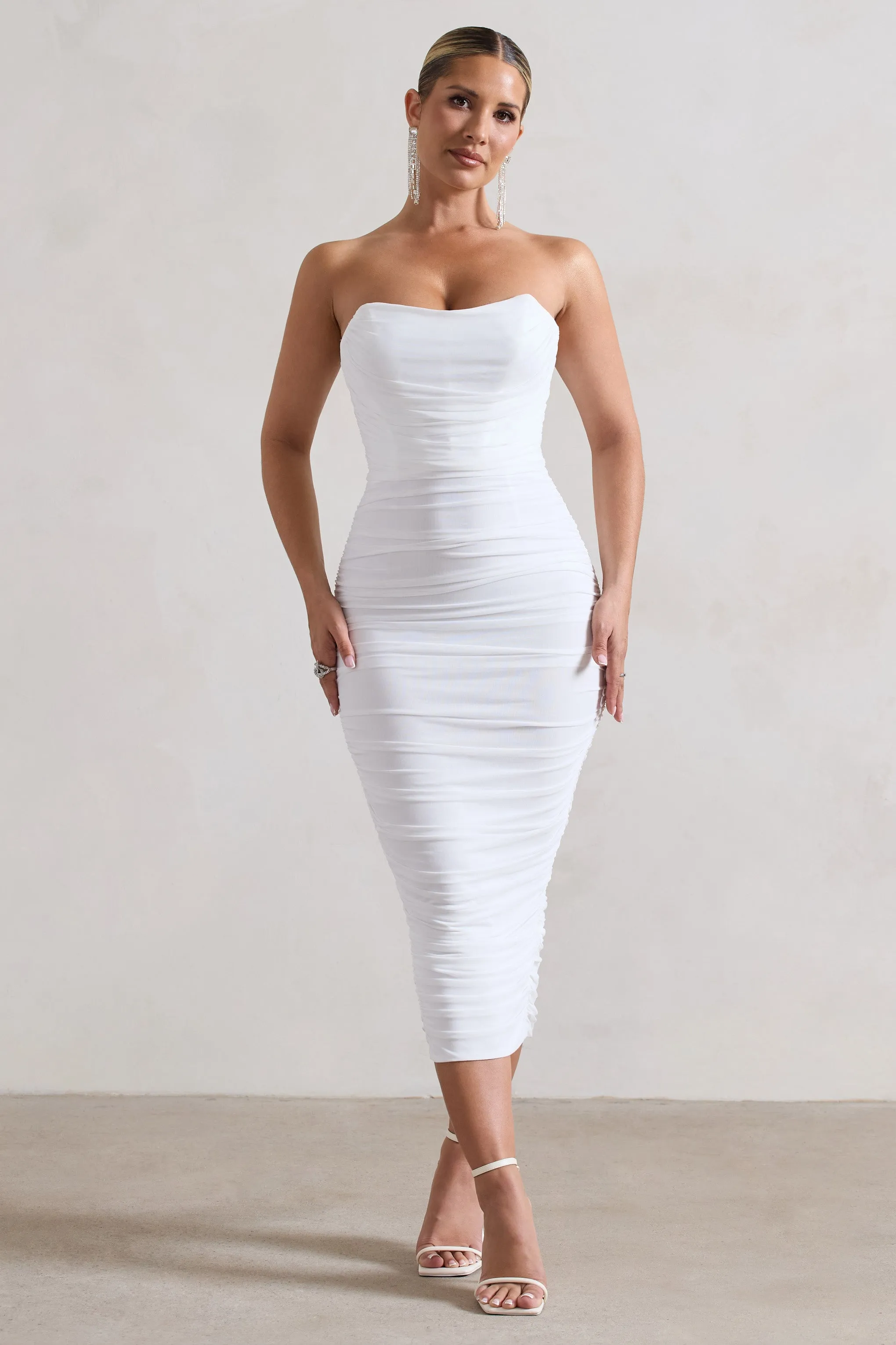 Nylah | White Ruched Corset Bodycon Midi Dress sold by Club L London product image thumbnail 4