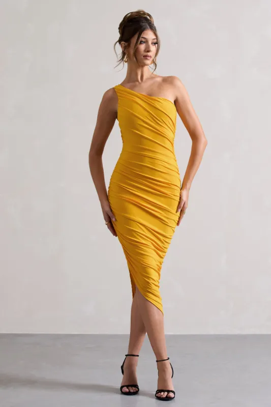 Dorit | Yellow One Shoulder Asymmetric Ruched Midi Dress sold by Club L London