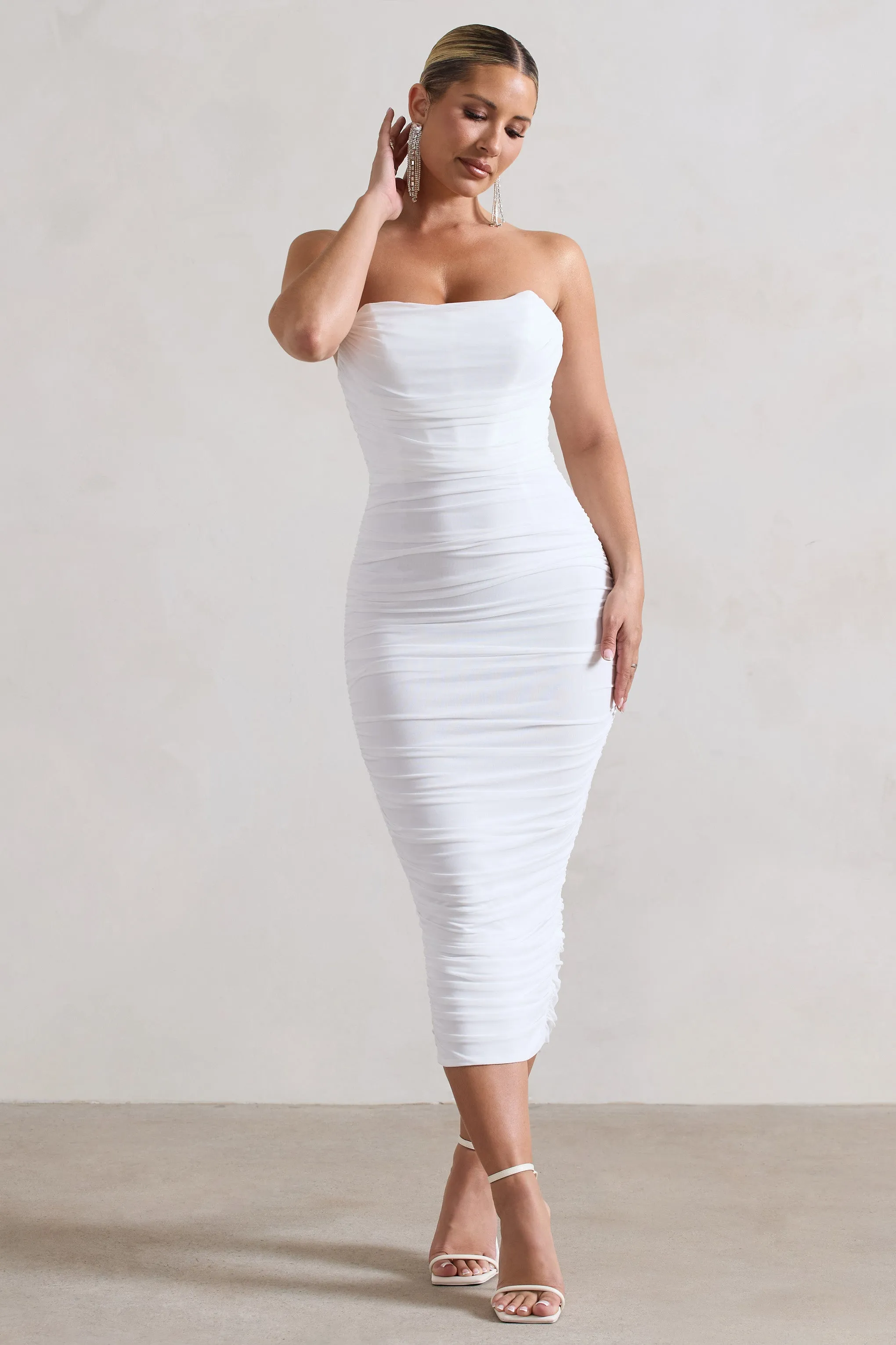 Nylah | White Ruched Corset Bodycon Midi Dress sold by Club L London product image thumbnail 3
