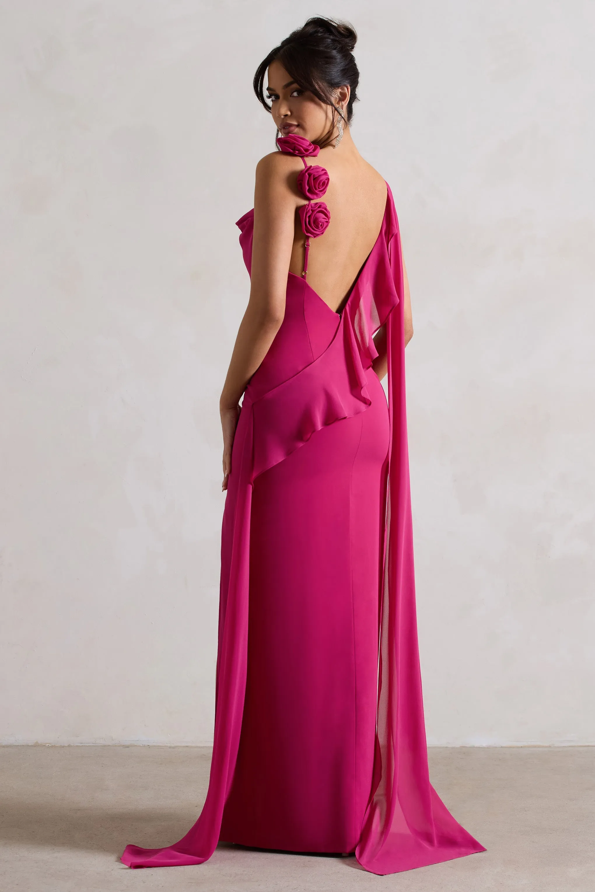 Angeline | Dark Pink Chiffon Draped Split Maxi Dress With Corsages sold by Club L London product image thumbnail 2