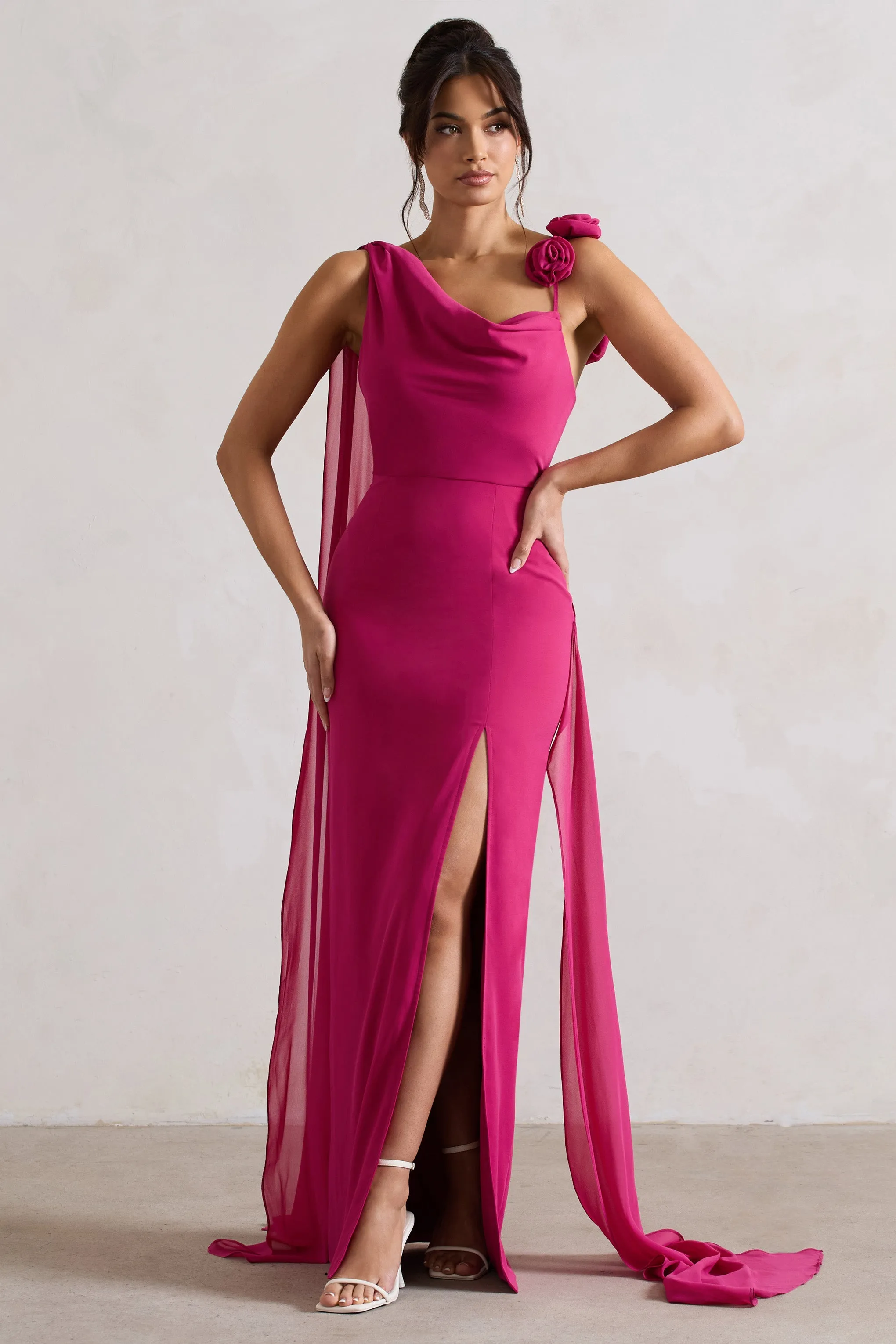 Angeline | Dark Pink Chiffon Draped Split Maxi Dress With Corsages sold by Club L London