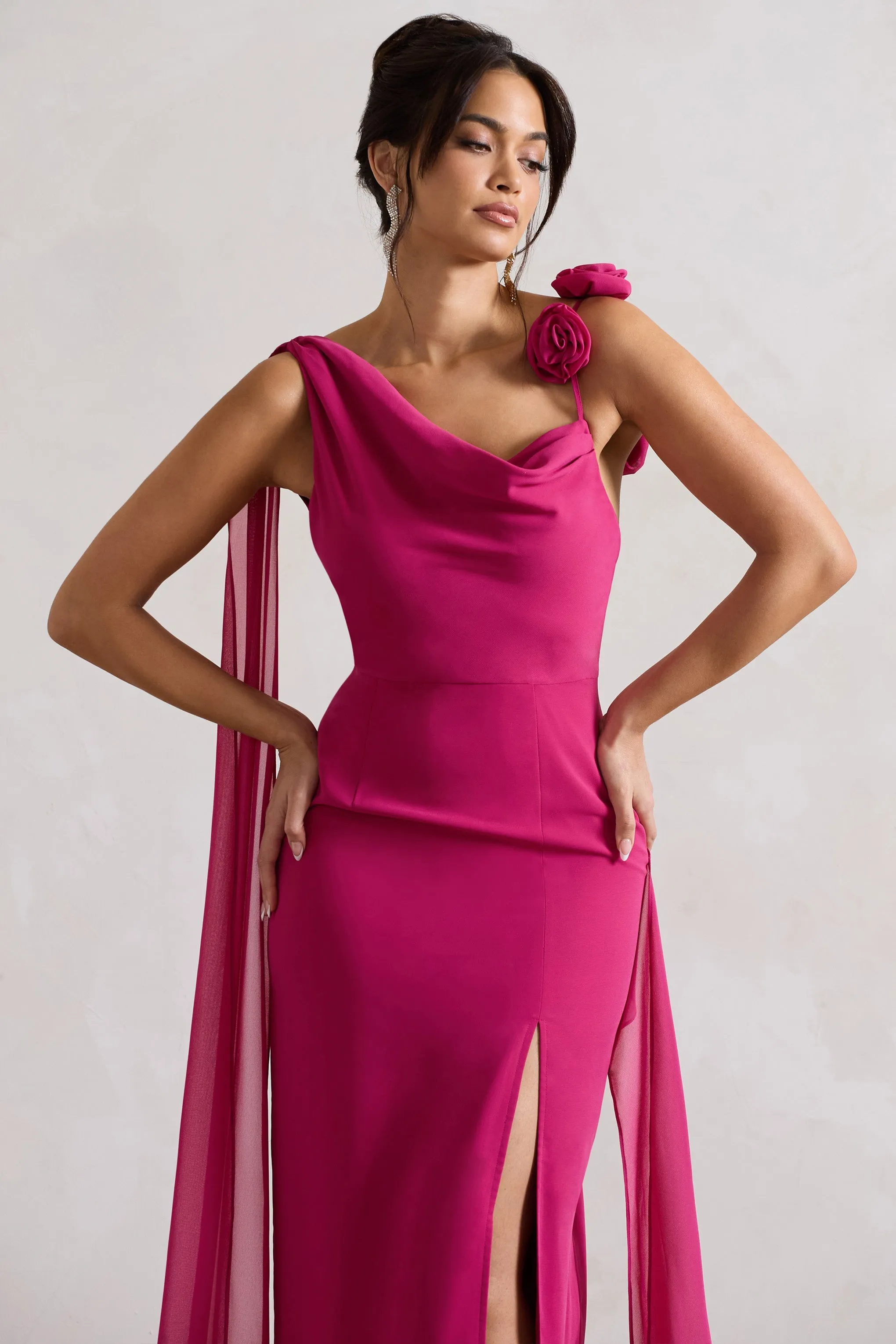 Angeline | Dark Pink Chiffon Draped Split Maxi Dress With Corsages sold by Club L London product image thumbnail 3