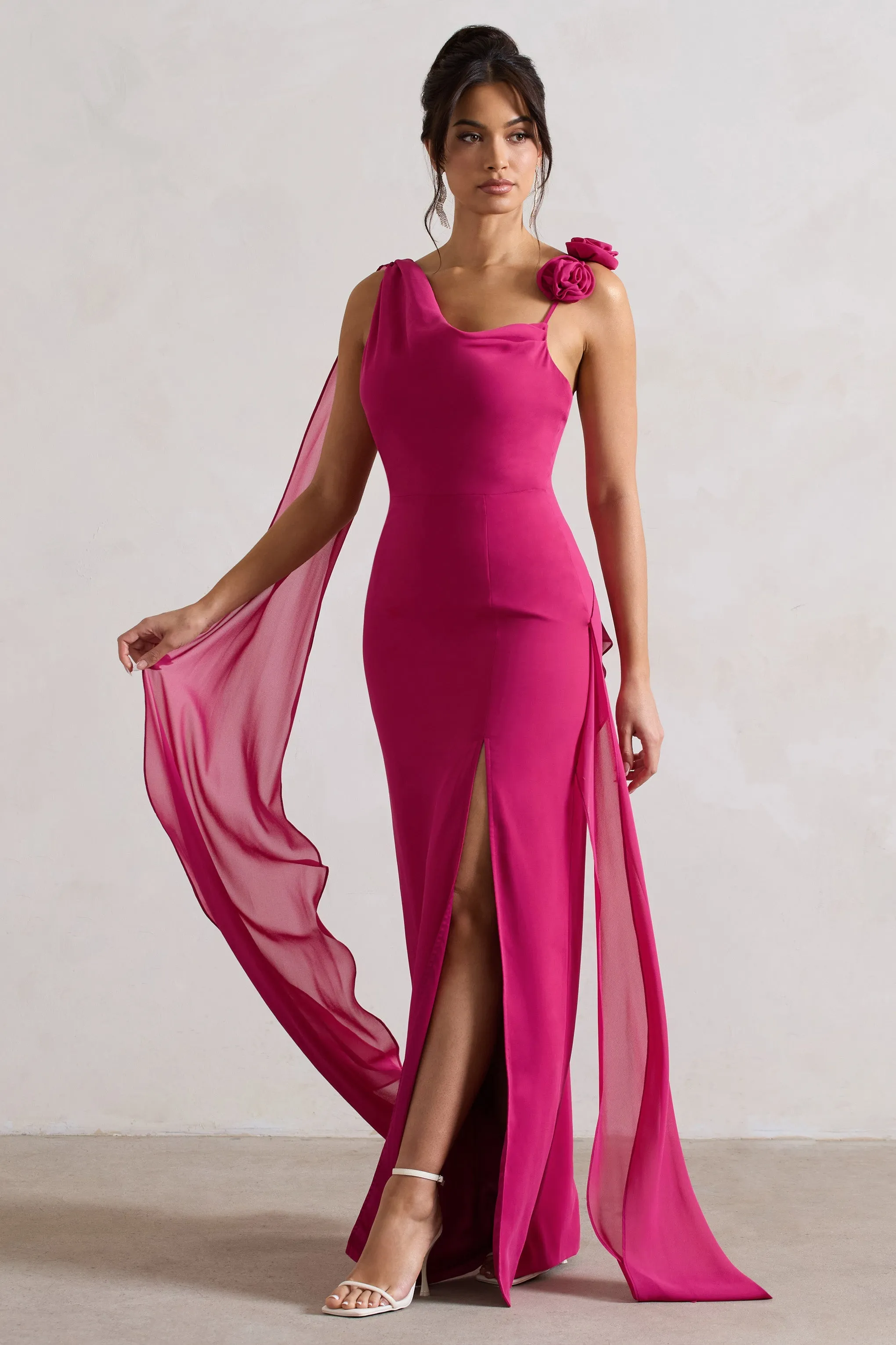 Angeline | Dark Pink Chiffon Draped Split Maxi Dress With Corsages sold by Club L London product image thumbnail 5