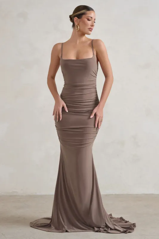 Adele | Mocha Backless Ruched Fishtail Cami Maxi Dress sold by Club L London
