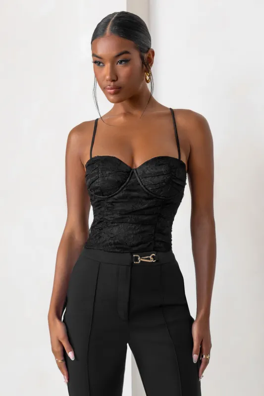Tallula | Black Lace Ruched Mesh Top With Bra Cup Detail sold by Club L London
