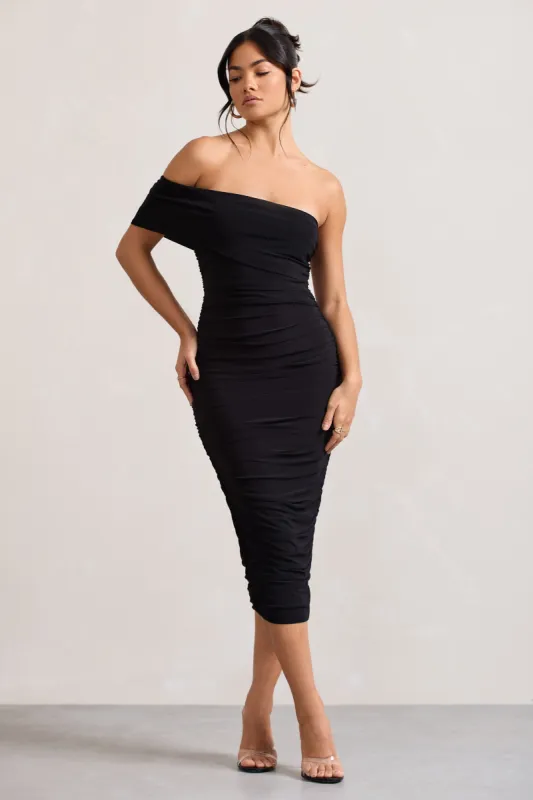 Remember Me | Black One Shoulder Midi Dress sold by Club L London