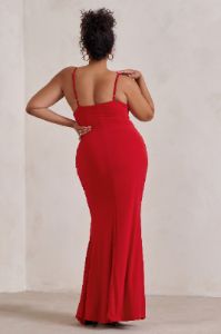 Love Shy | Red Plunge Neck Maxi Dress With Split Detail sold by Club L London