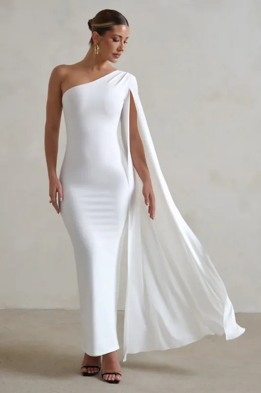 Dominique | White One Shoulder Cape Sleeve Bodycon Maxi Dress sold by Club L London