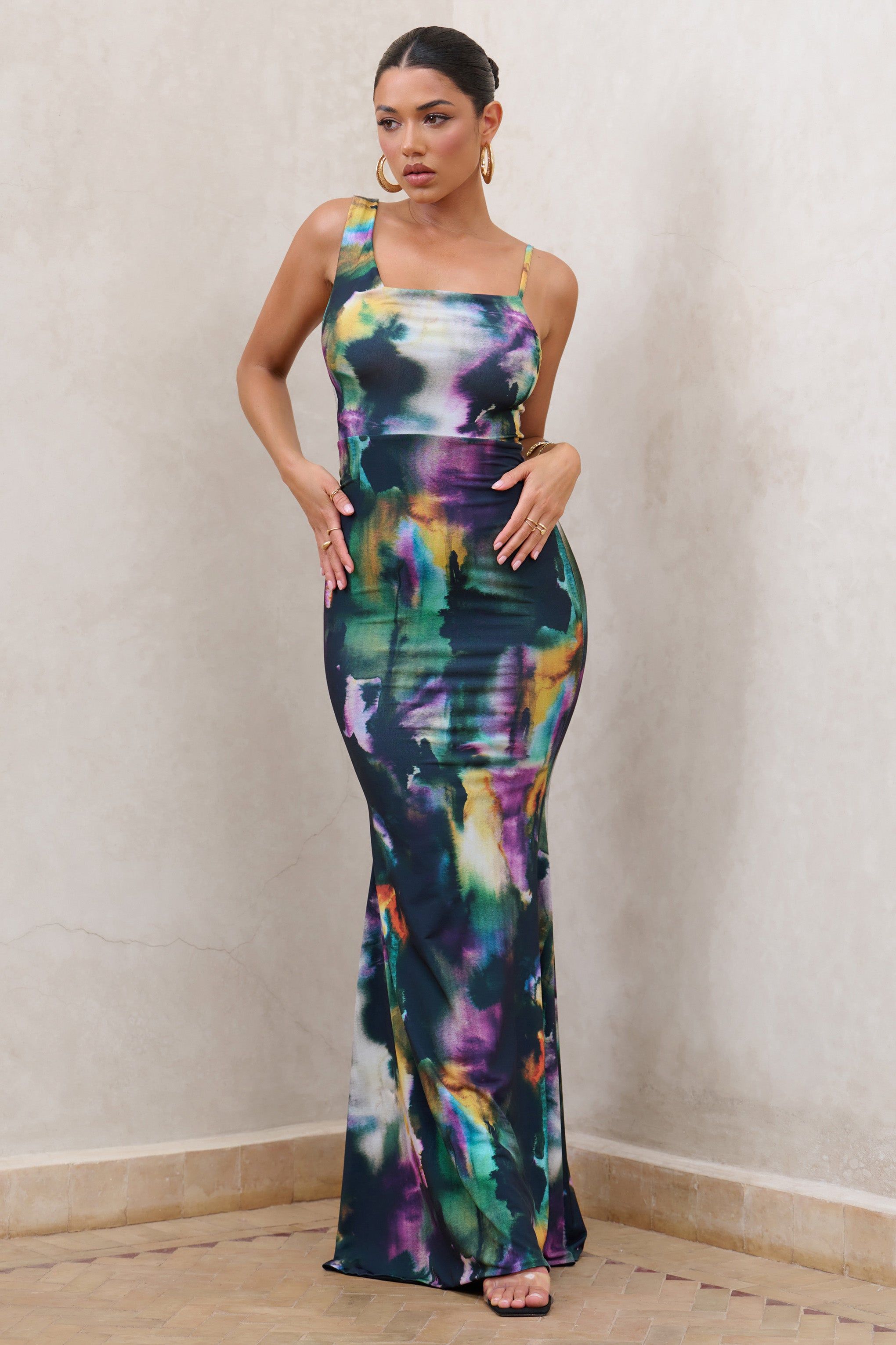 Phantasy | Watercolour Print Asymmetric Neckline Cowl Maxi Dress sold by Club L London product image thumbnail 2