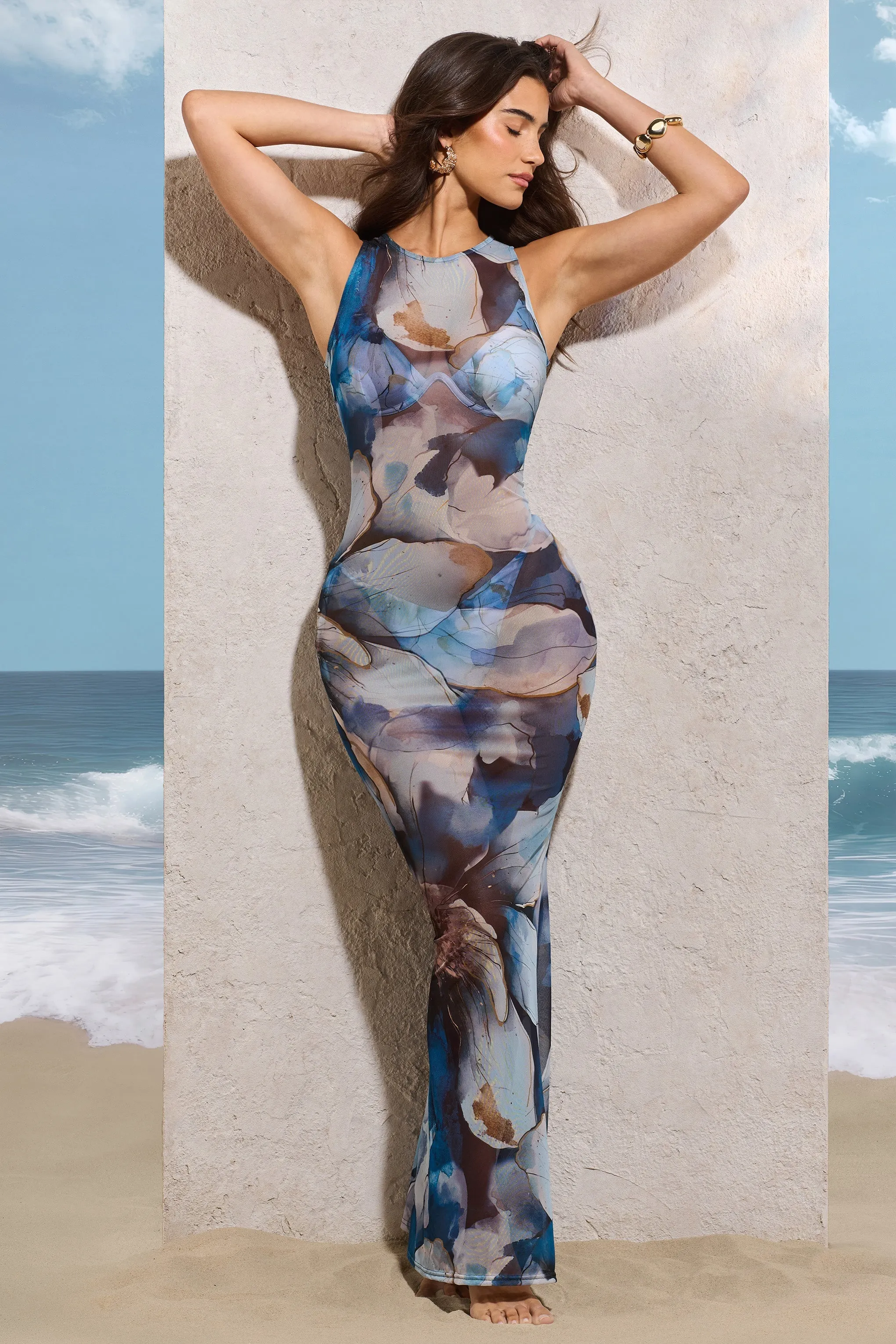 Raya | White Print Mesh Sleeveless Maxi Dress sold by Club L London product image thumbnail 4