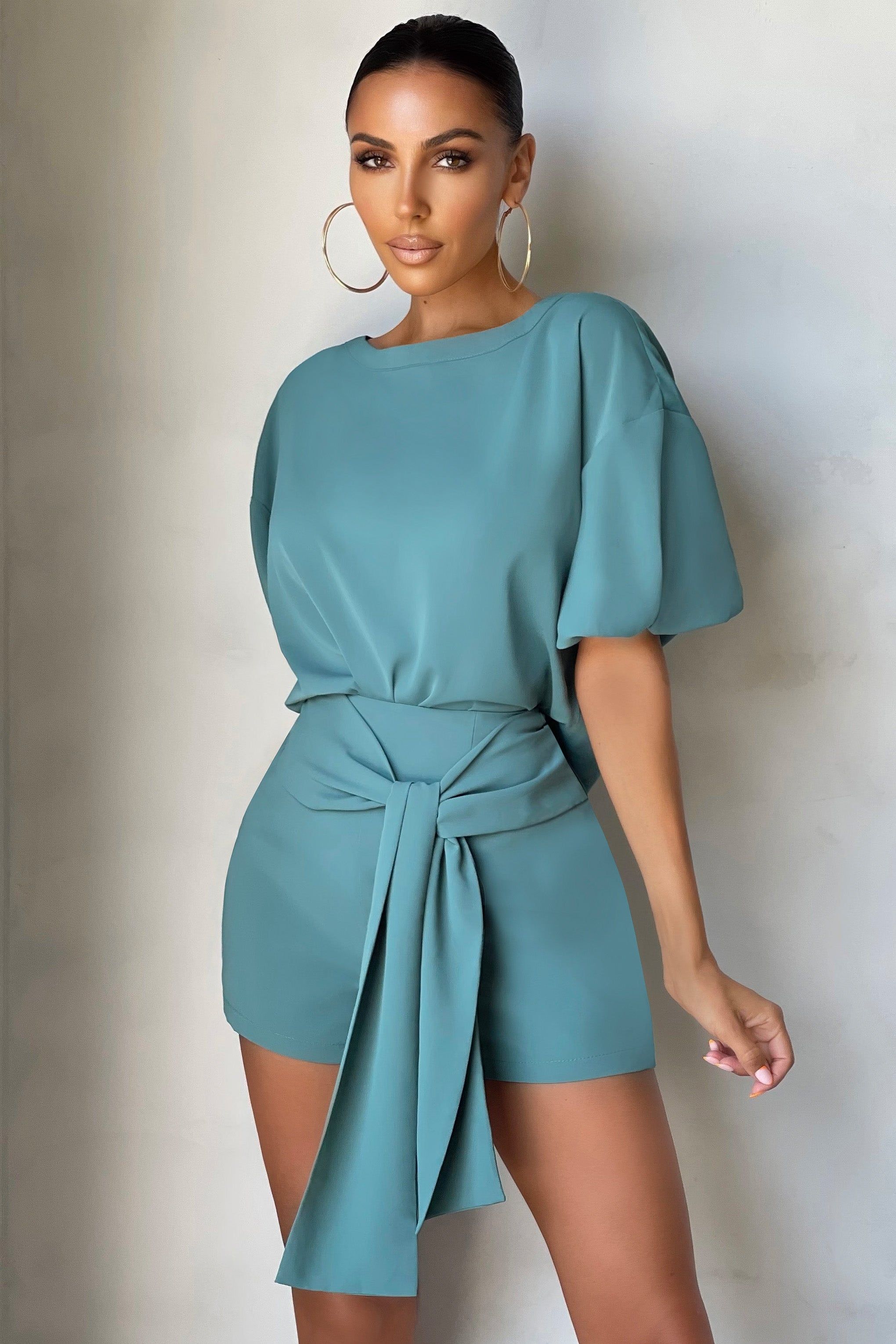 On Watch | Teal Drape Tie detail high waist shorts sold by Club L London product image thumbnail 3
