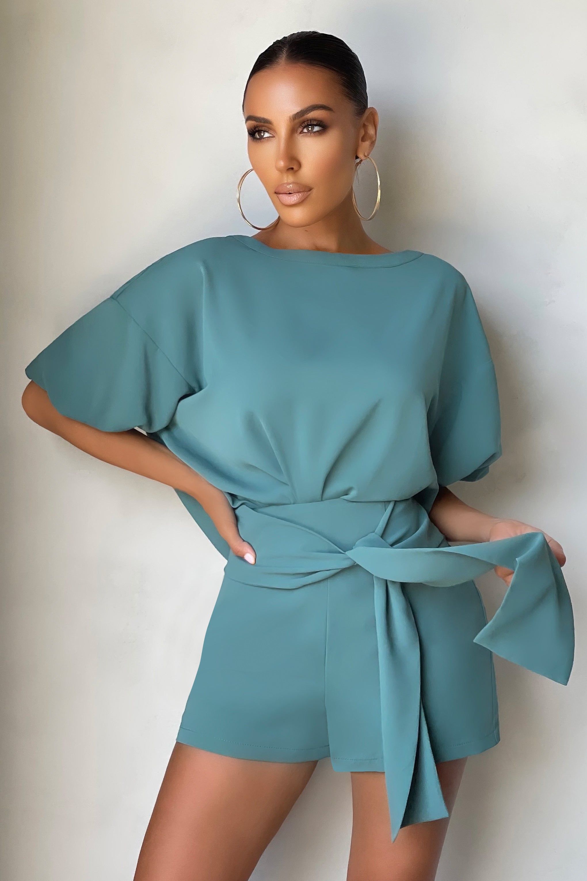 On Watch | Teal Drape Tie detail high waist shorts sold by Club L London product image thumbnail 4