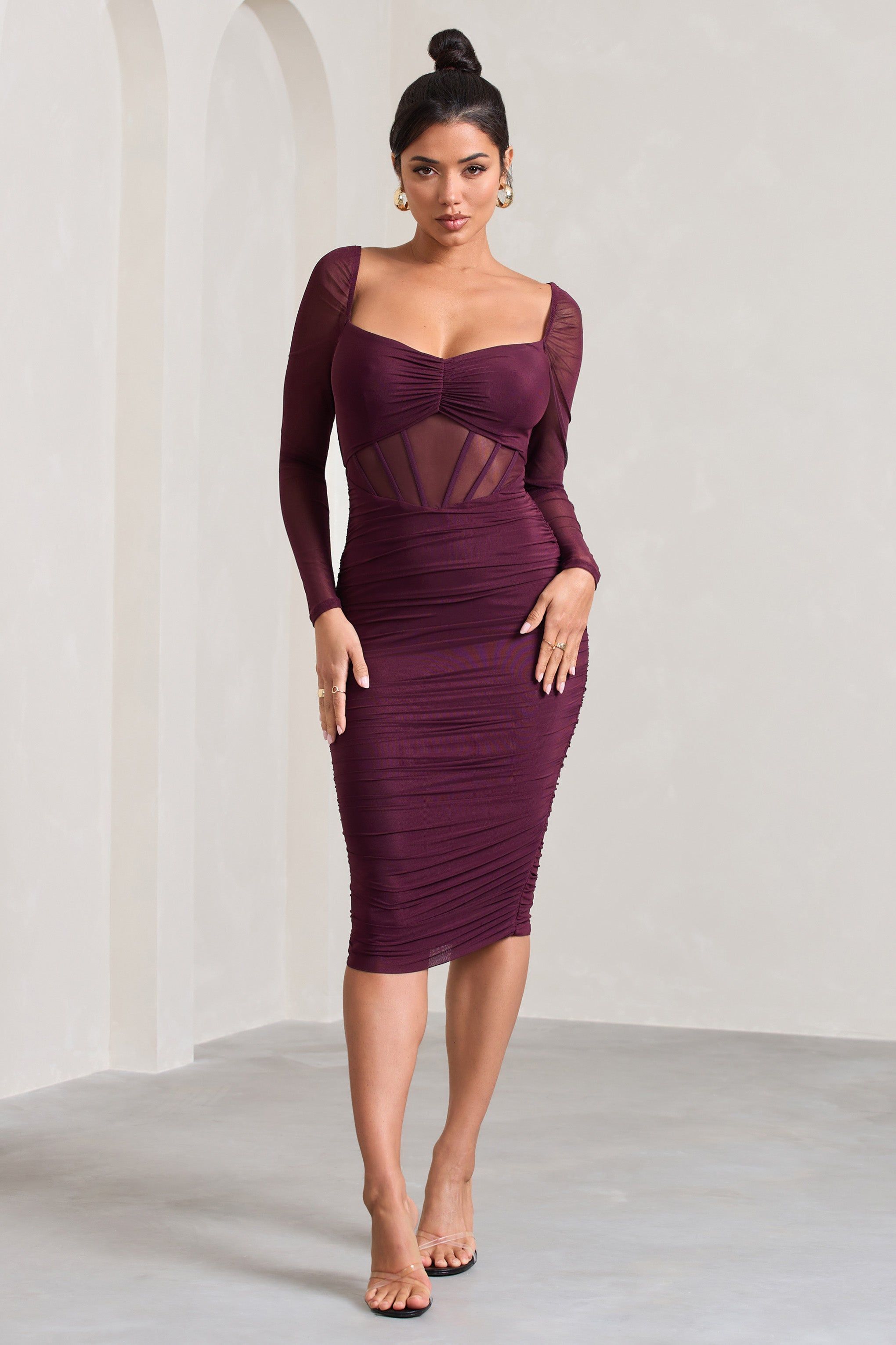 Abiba | Burgundy Ruched Mesh Corset Midi Dress With Long Sleeves sold by Club L London product image thumbnail 5