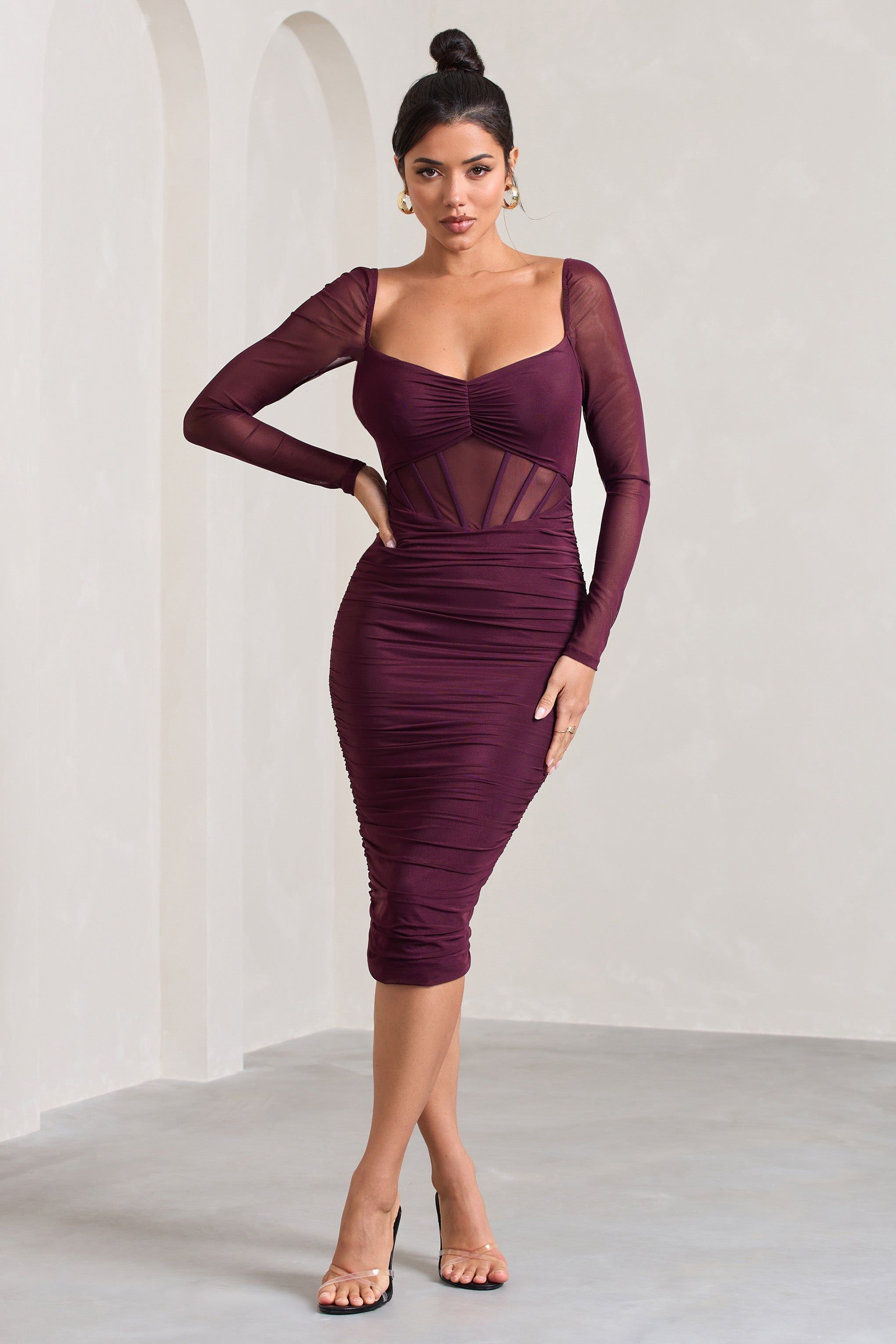Abiba | Burgundy Ruched Mesh Corset Midi Dress With Long Sleeves sold by Club L London