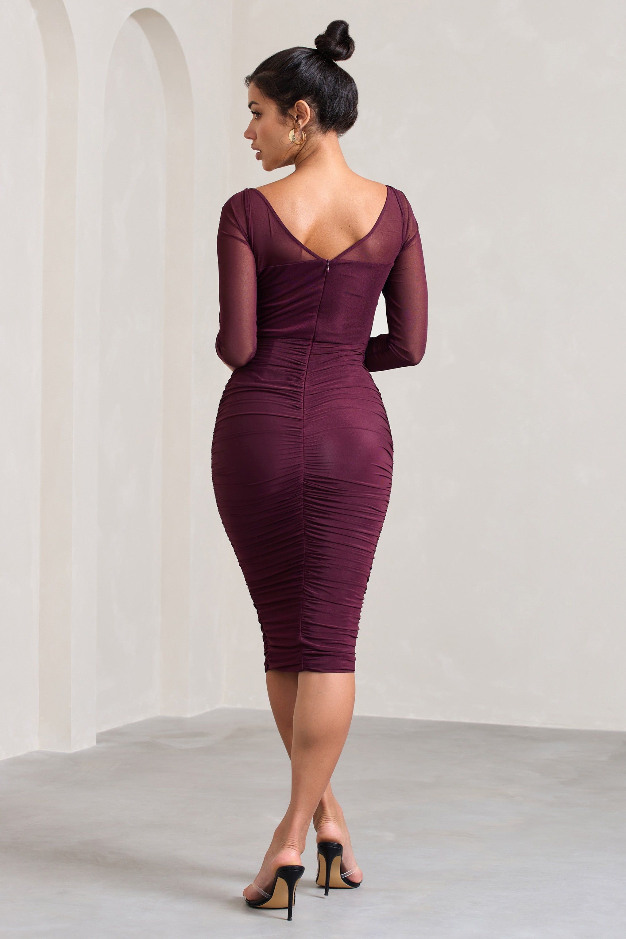 Abiba | Burgundy Ruched Mesh Corset Midi Dress With Long Sleeves sold by Club L London product image thumbnail 2