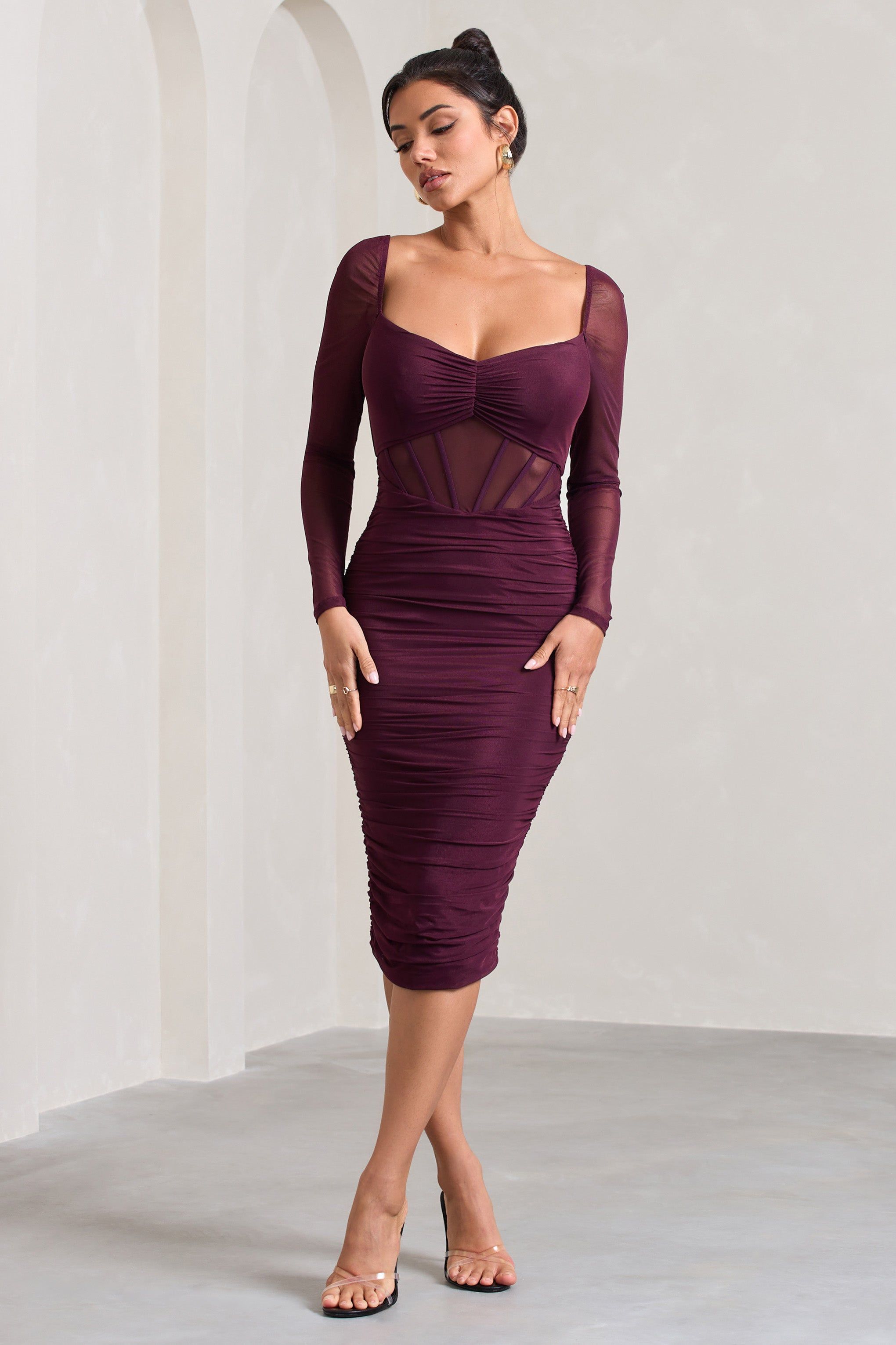 Abiba | Burgundy Ruched Mesh Corset Midi Dress With Long Sleeves sold by Club L London product image thumbnail 4