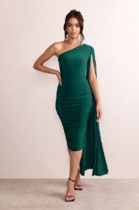 Yara | Bottle Green One Shoulder Cape Ruched Midi Dress sold by Club L London
