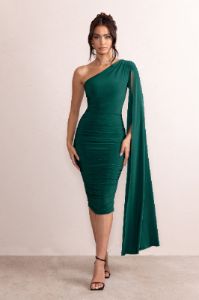 Yara | Bottle Green One Shoulder Cape Ruched Midi Dress sold by Club L London