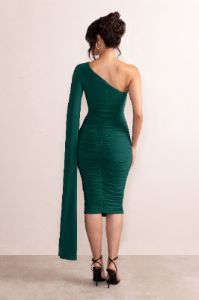 Yara | Bottle Green One Shoulder Cape Ruched Midi Dress sold by Club L London