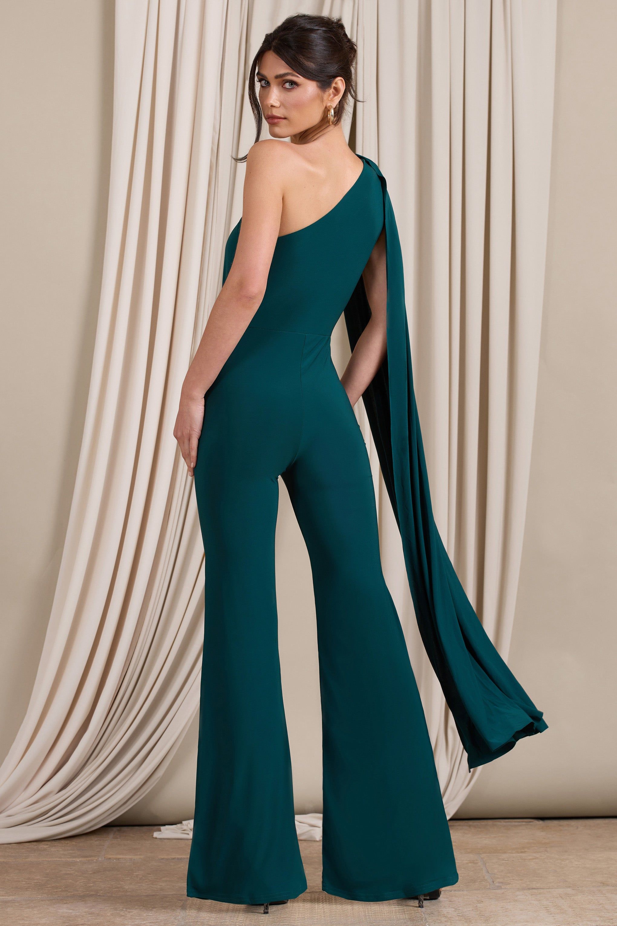 Aurora | Deep Green One Shoulder Cape Sleeve Jumpsuit sold by Club L London product image thumbnail 2